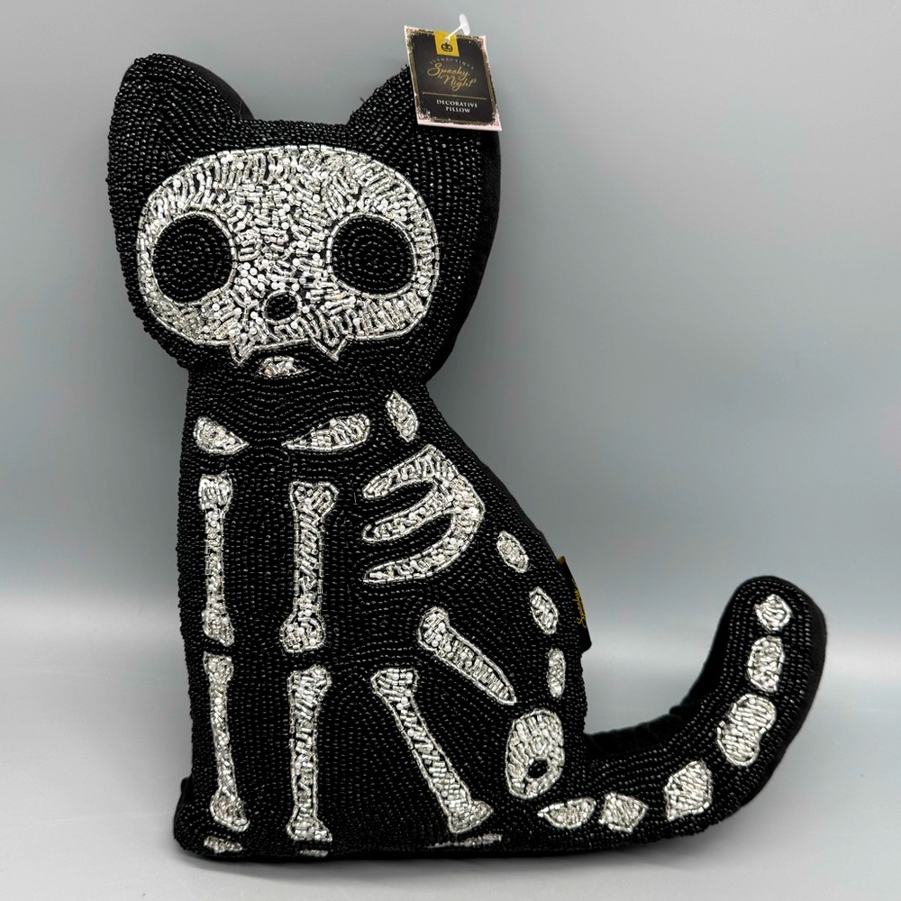 Spooky Night Halloween Skeleton Black Cat Beaded Throw Pillow Day of Dead Decor
